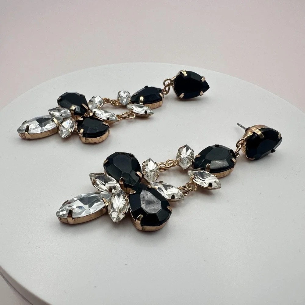 Vintage 90s Gold Tone Dangle Earrings Black &Clear Glass Women's Fashion Jewelry